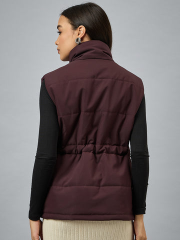 Wine Sleeveless Solid Jacket