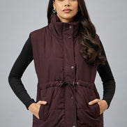 Wine Sleeveless Solid Jacket