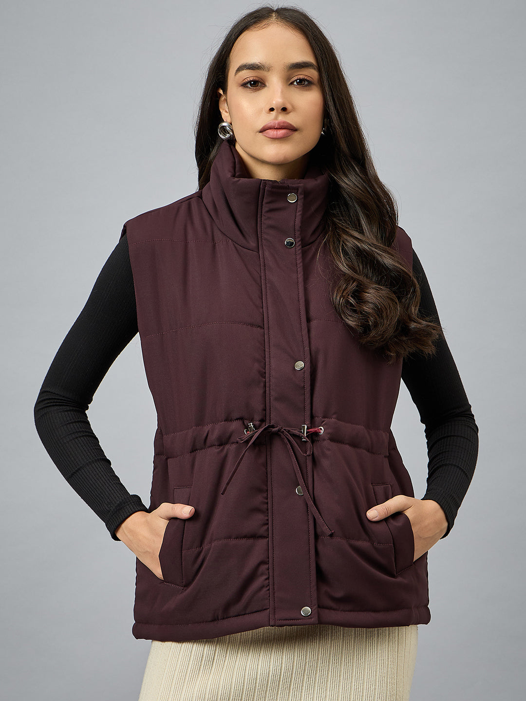 Wine Sleeveless Solid Jacket