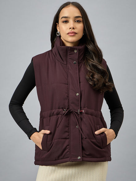 Wine Sleeveless Solid Jacket