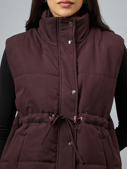 Wine Sleeveless Solid Jacket