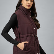 Wine Sleeveless Solid Jacket