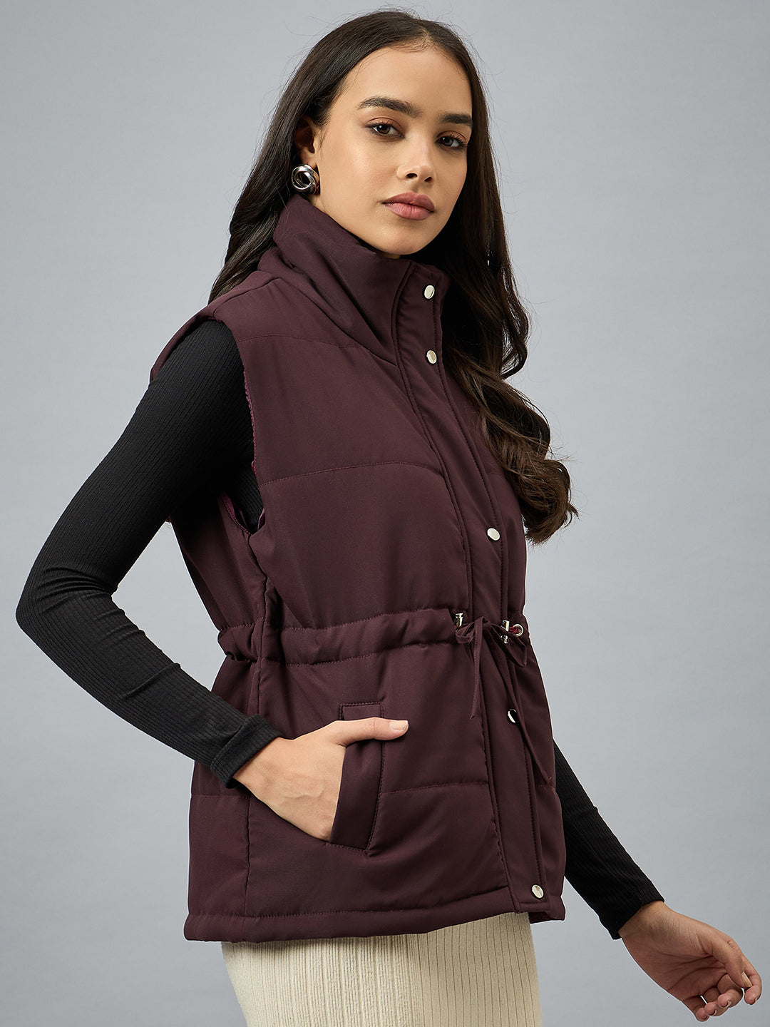 Wine Sleeveless Solid Jacket