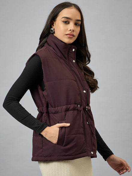 Wine Sleeveless Solid Jacket