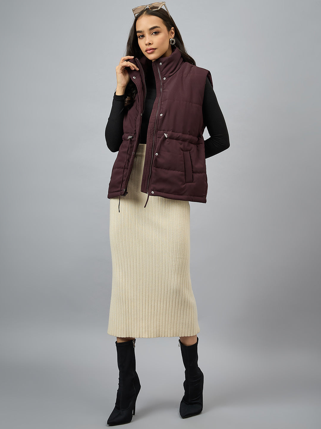 Wine Sleeveless Solid Jacket