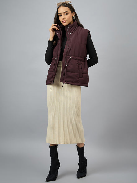 Wine Sleeveless Solid Jacket