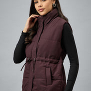 Wine Sleeveless Solid Jacket