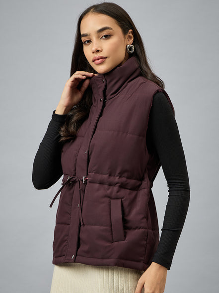 Wine Sleeveless Solid Jacket