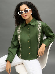 Women Bottle Green Regular Fit Shirt