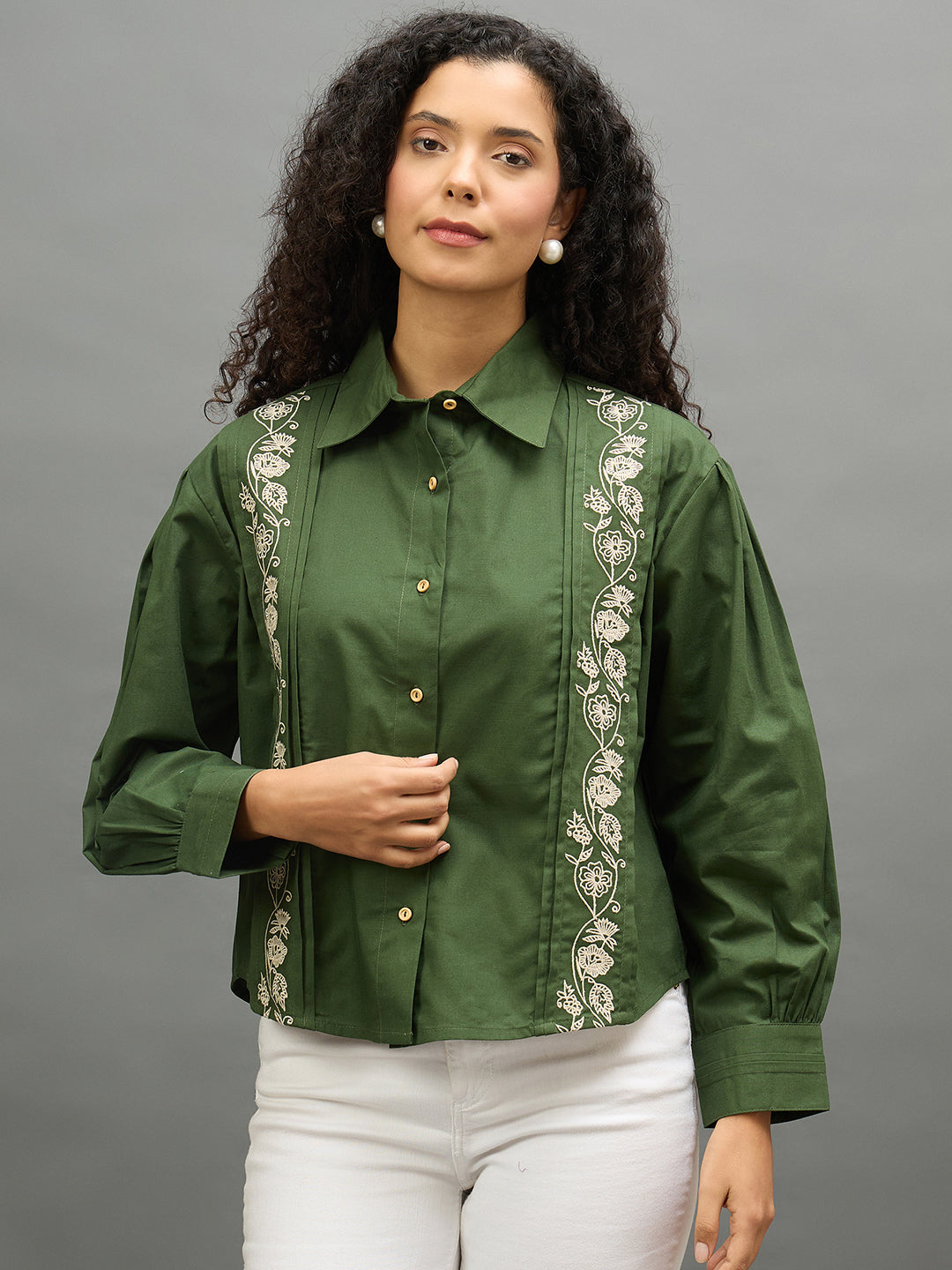 Women Bottle Green Regular Fit Shirt