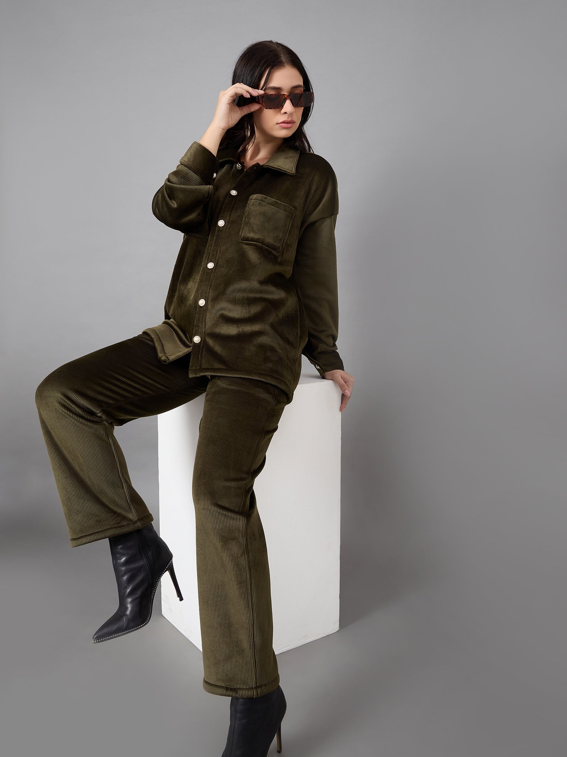Olive Collared Neck Co-Ord Set