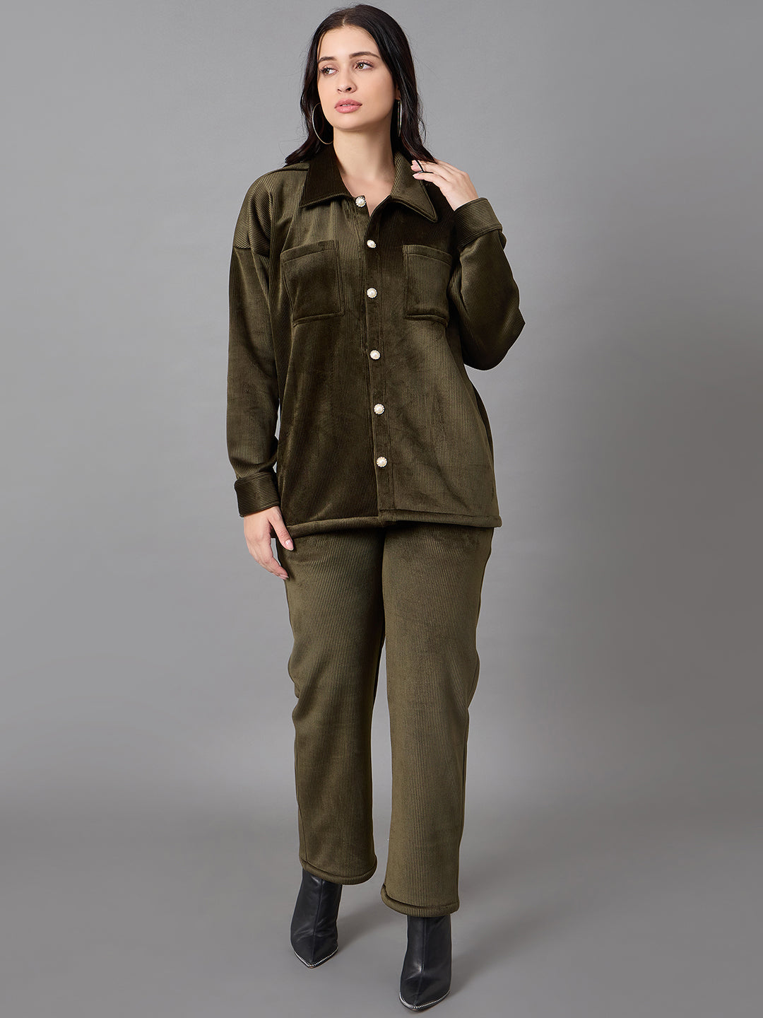 Olive Collared Neck Co-Ord Set