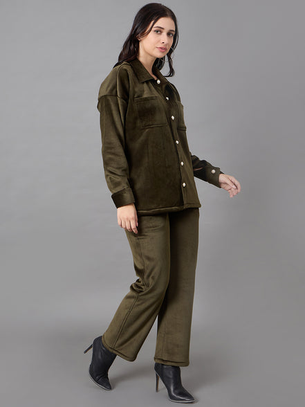 Olive Collared Neck Co-Ord Set