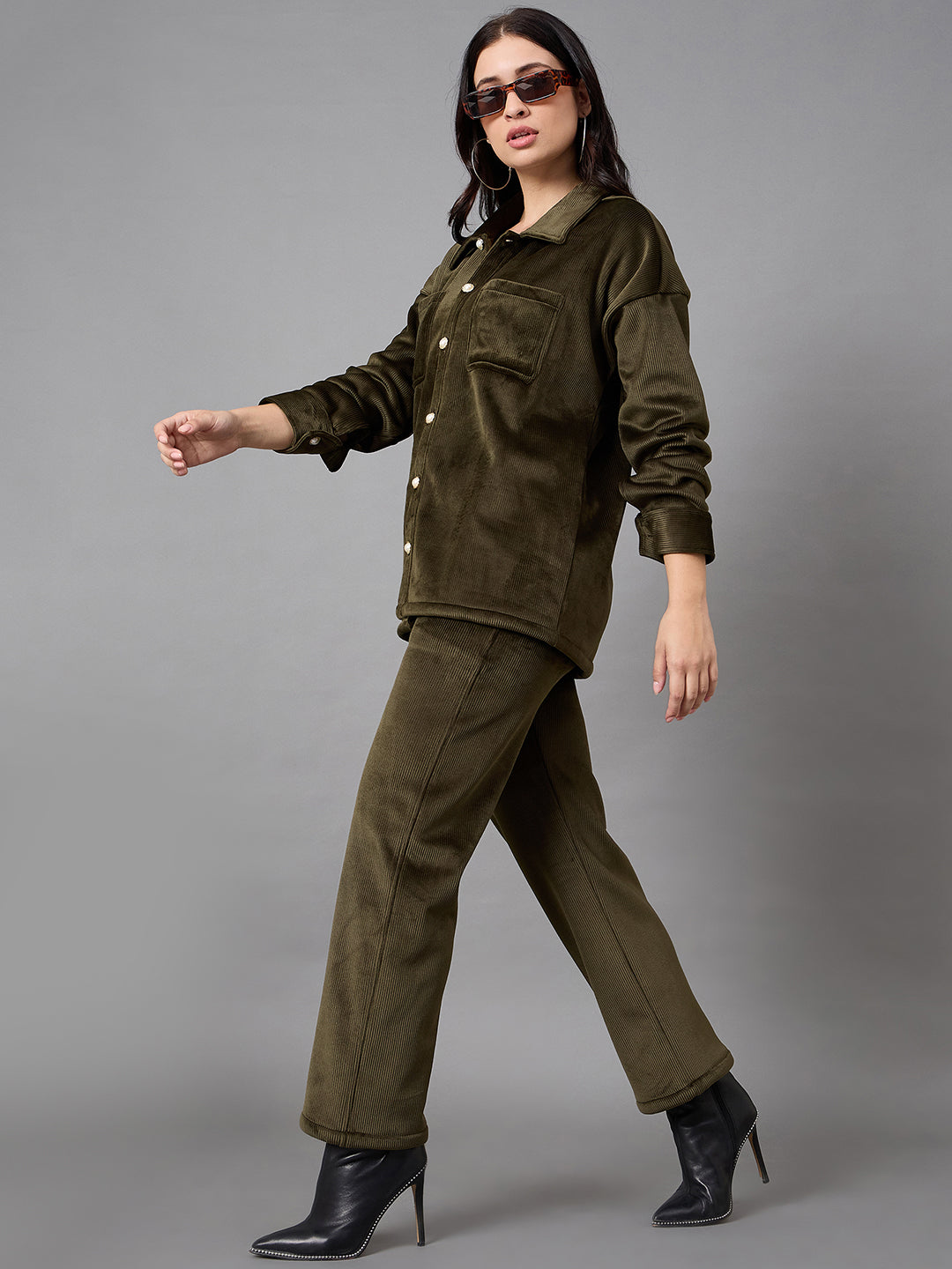 Olive Collared Neck Co-Ord Set
