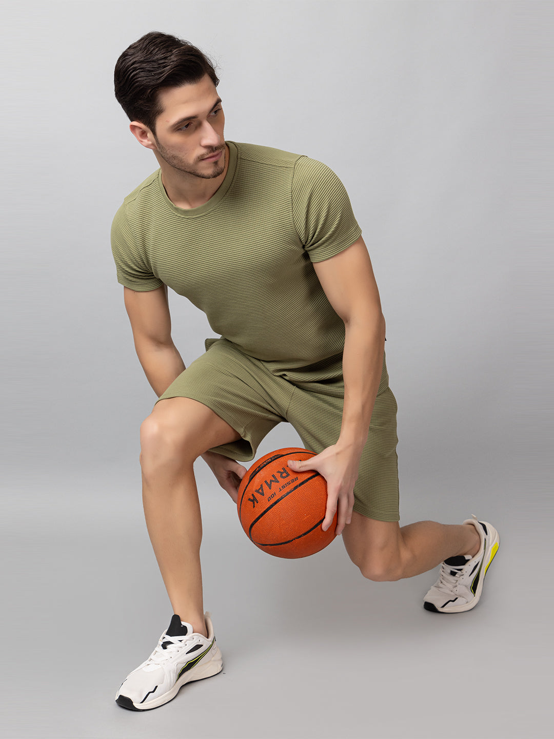 Olive Solid Round Neck Co Ords