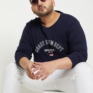 Navy Blue Colorblocked  Round Neck Plus Size T-Shirt