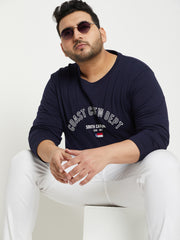 Navy Blue Colorblocked  Round Neck Plus Size T-Shirt