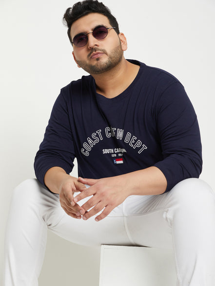 Navy Blue Colorblocked  Round Neck Plus Size T-Shirt