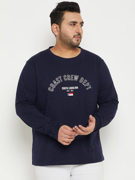 Navy Blue Colorblocked  Round Neck Plus Size T-Shirt