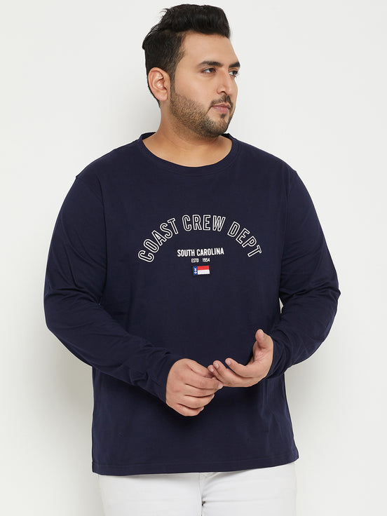 Navy Blue Colorblocked  Round Neck Plus Size T-Shirt