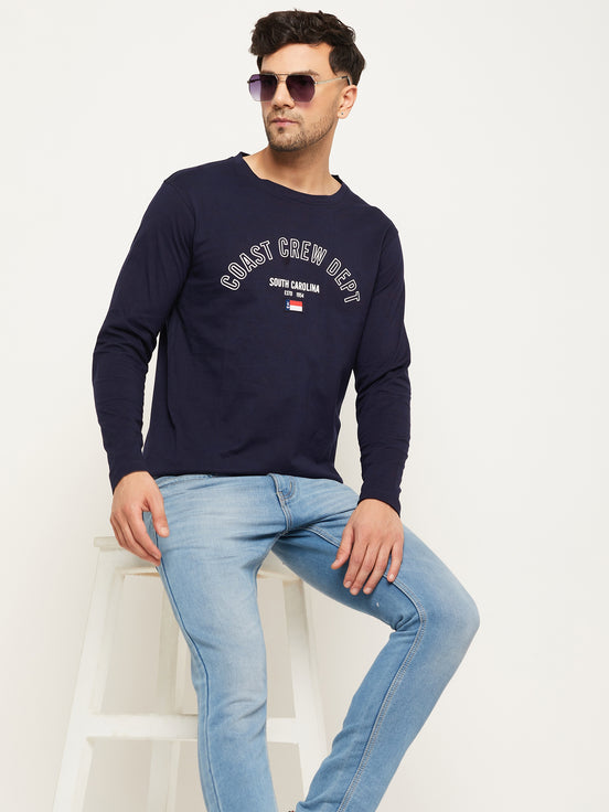Navy Blue Colorblocked  Round Neck T-Shirt