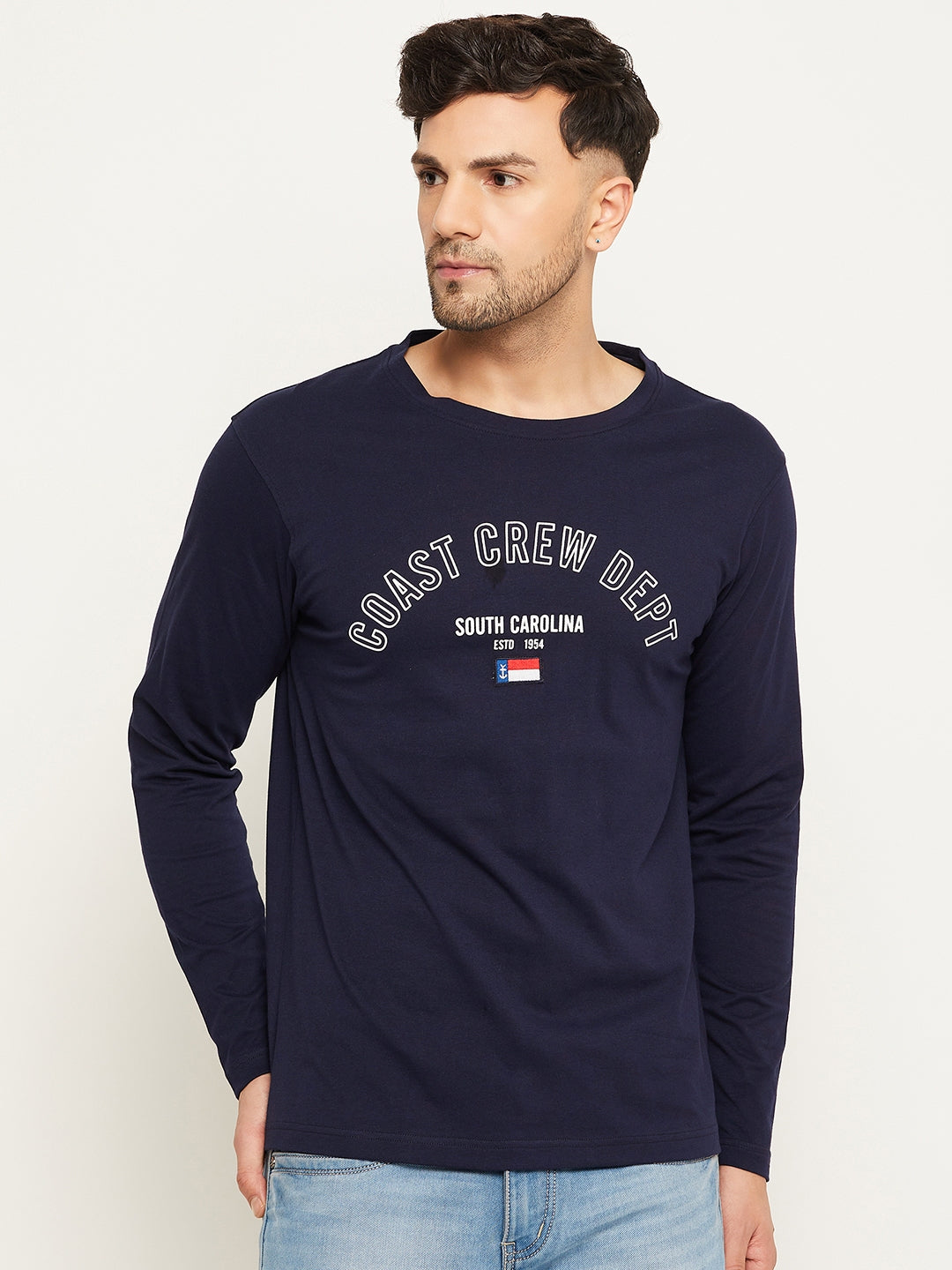 Navy Blue Colorblocked  Round Neck T-Shirt