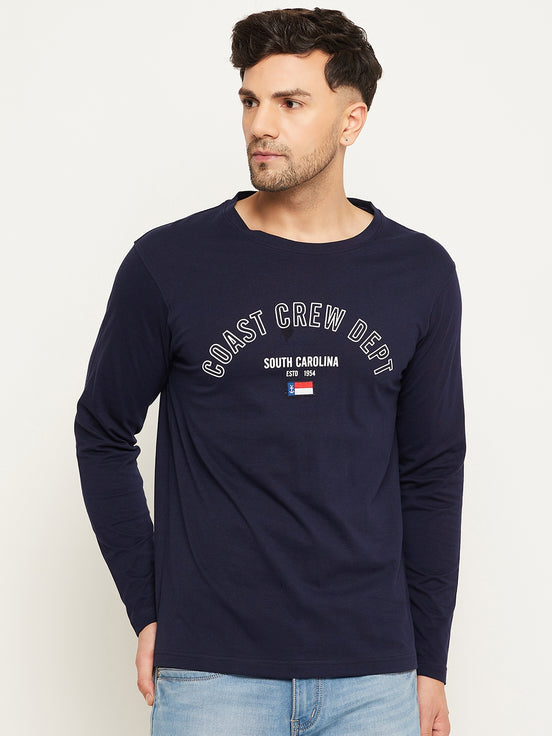 Navy Blue Colorblocked  Round Neck T-Shirt