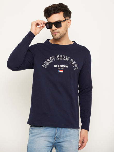 Navy Blue Colorblocked  Round Neck T-Shirt
