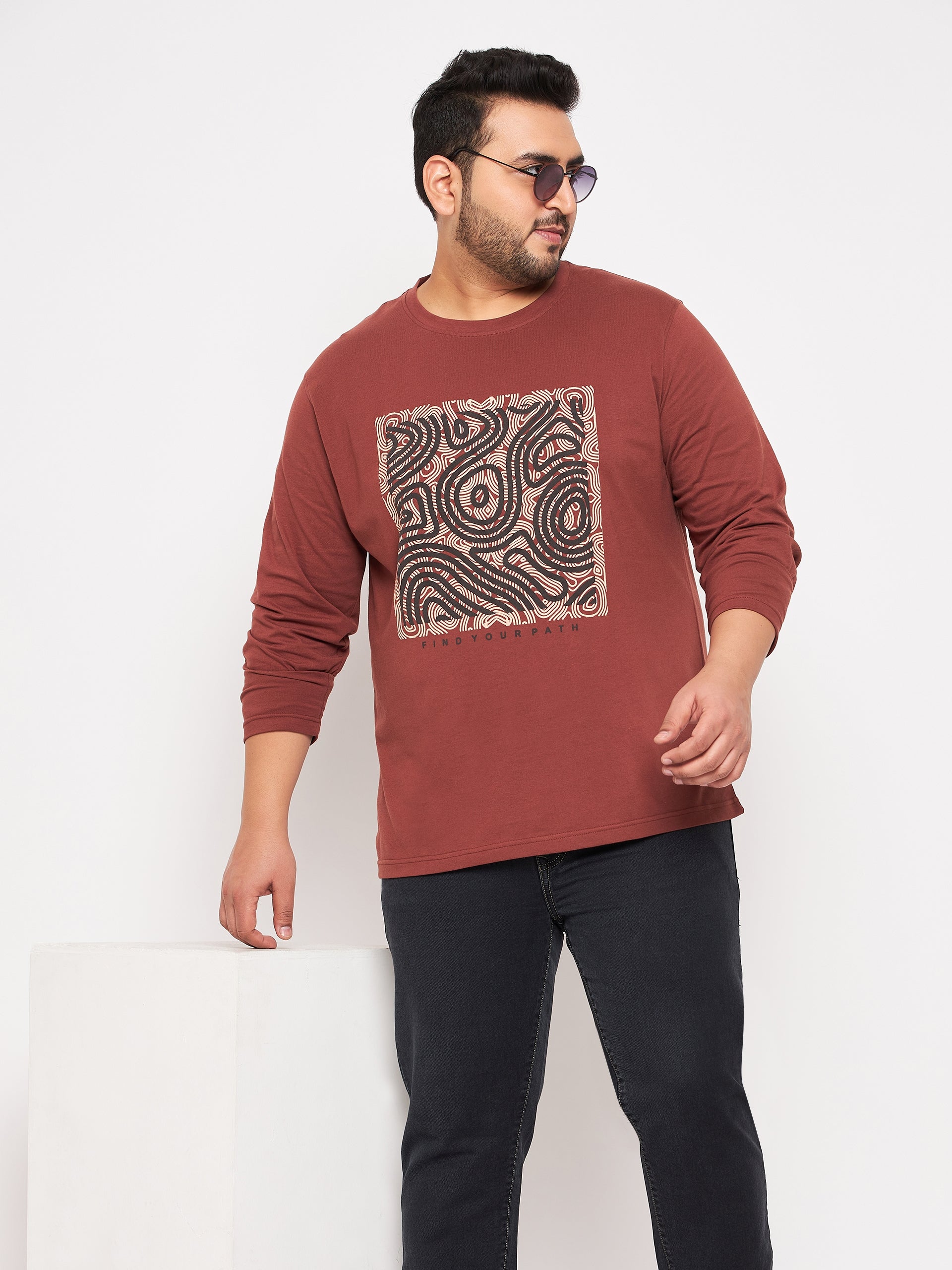 Coffee Brown Printed  Round Neck Plus Size T-Shirt