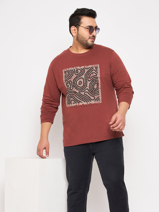 Coffee Brown Printed  Round Neck Plus Size T-Shirt