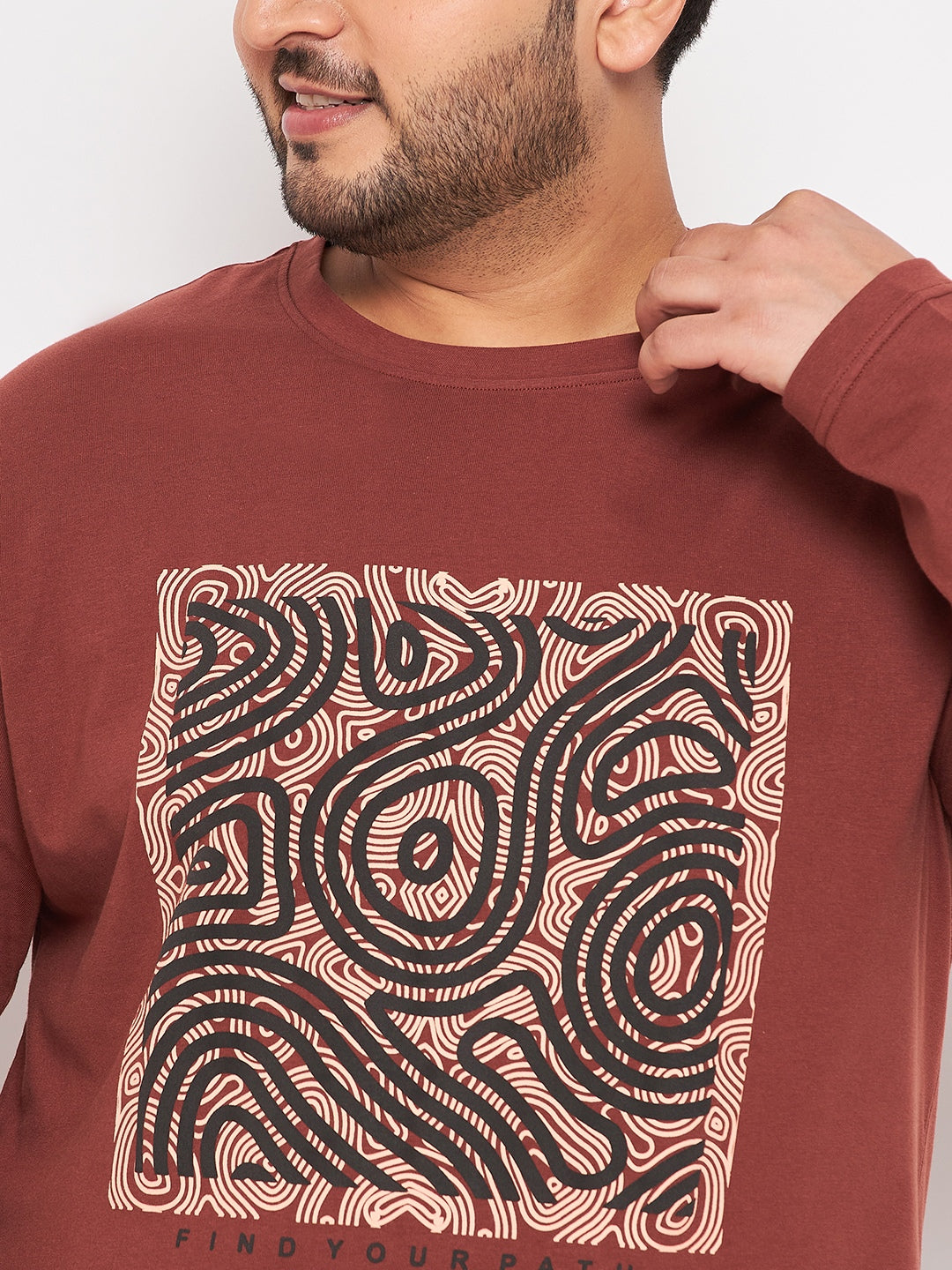 Coffee Brown Printed  Round Neck Plus Size T-Shirt