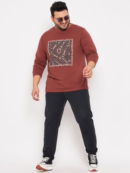 Coffee Brown Printed  Round Neck Plus Size T-Shirt
