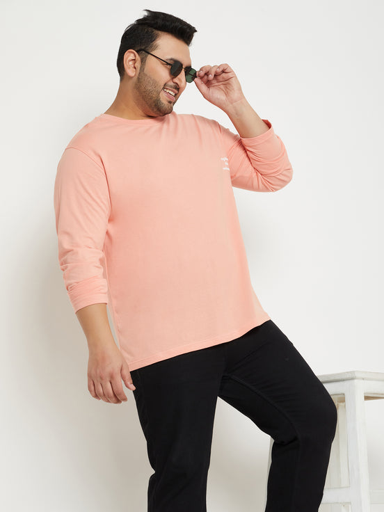 Bright Peach Printed  Round Neck Plus Size T-Shirt