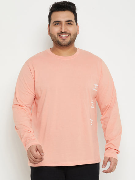 Bright Peach Printed  Round Neck Plus Size T-Shirt