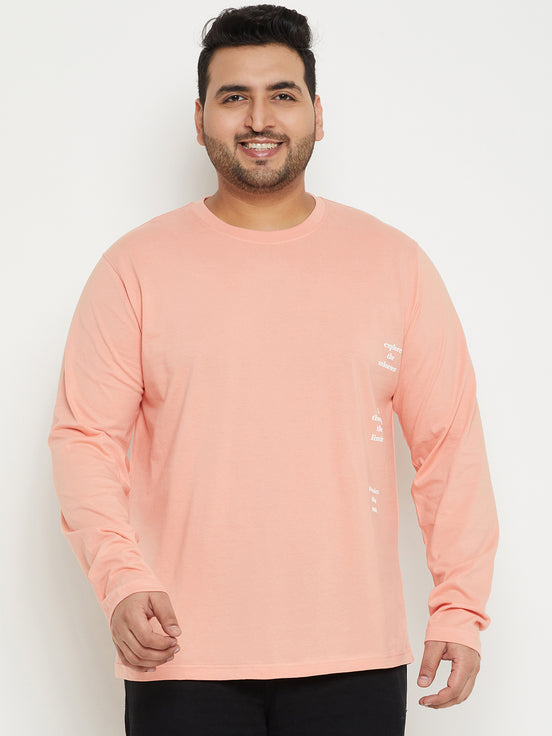 Bright Peach Printed  Round Neck Plus Size T-Shirt