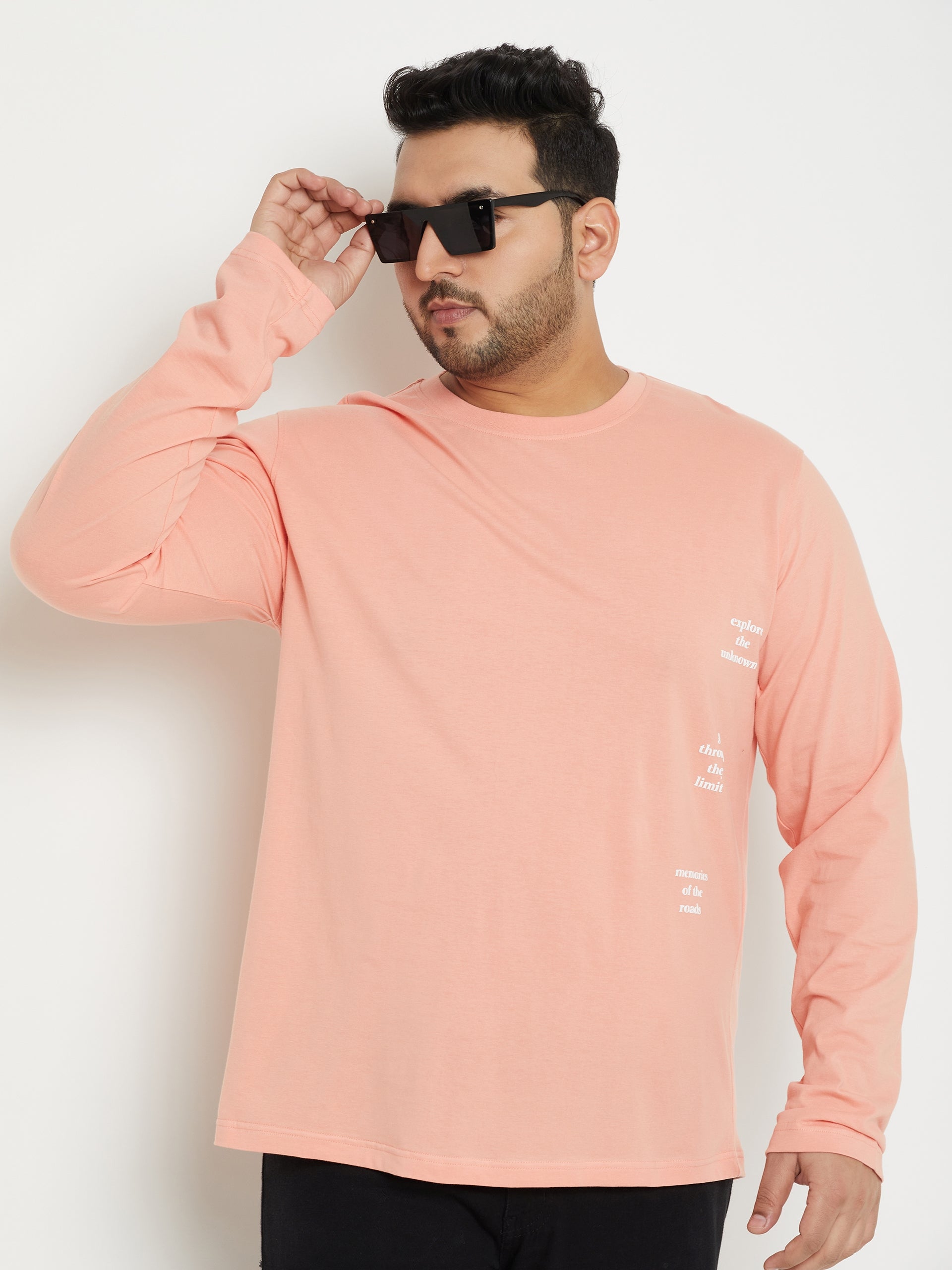 Bright Peach Printed  Round Neck Plus Size T-Shirt