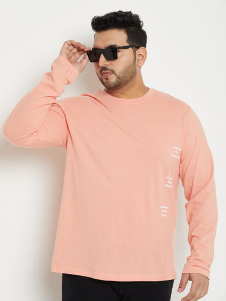 Bright Peach Printed  Round Neck Plus Size T-Shirt