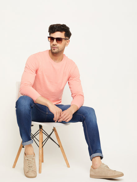 Bright Peach Printed  Round Neck T-Shirt