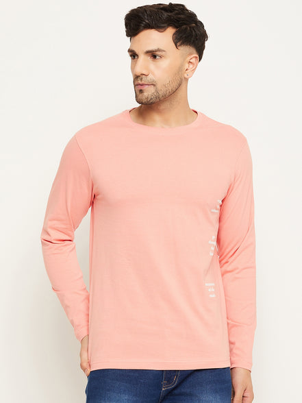 Bright Peach Printed  Round Neck T-Shirt