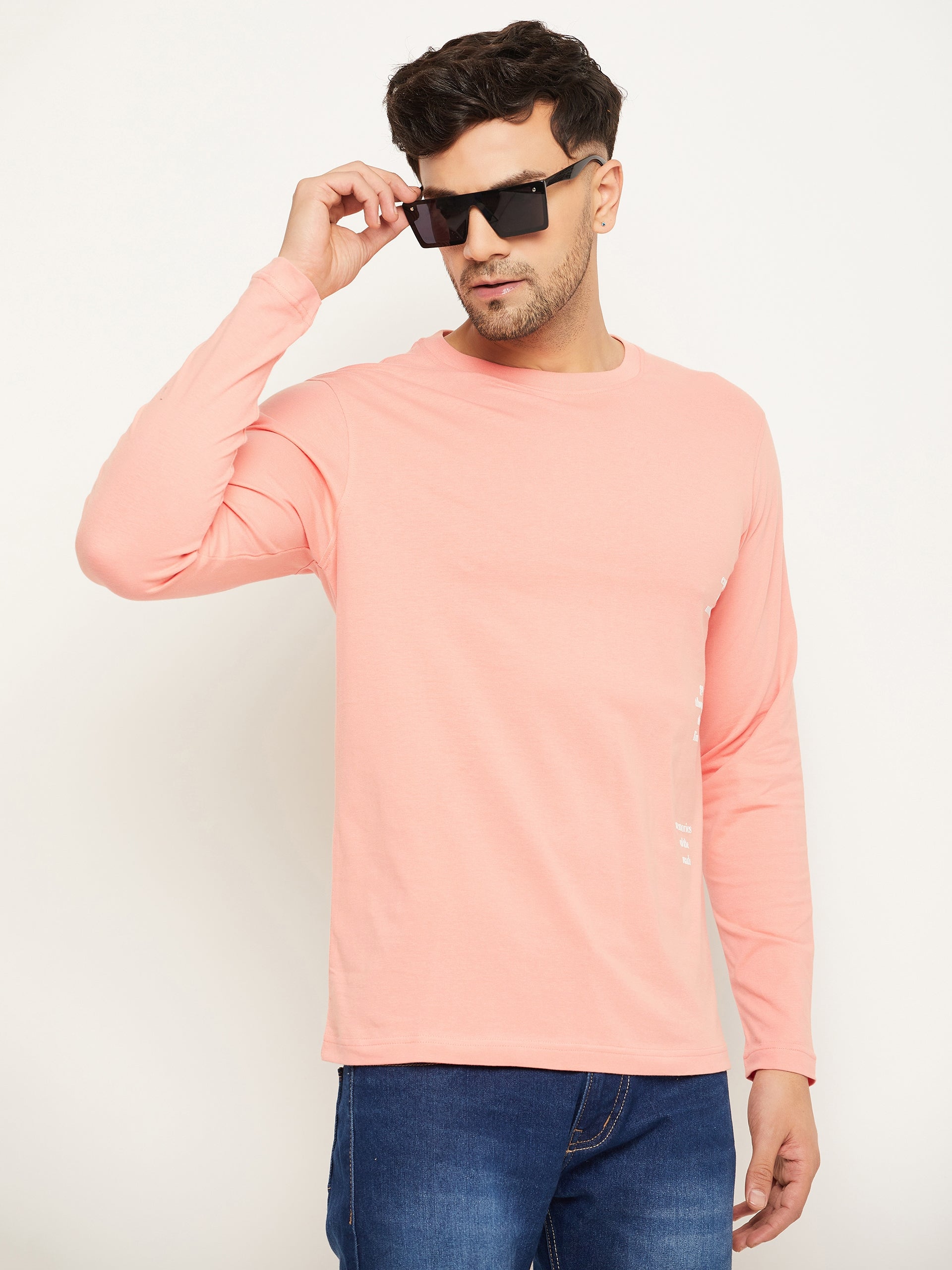 Bright Peach Printed  Round Neck T-Shirt