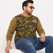 Olive Green Printed  Round Neck Plus Size T-Shirt