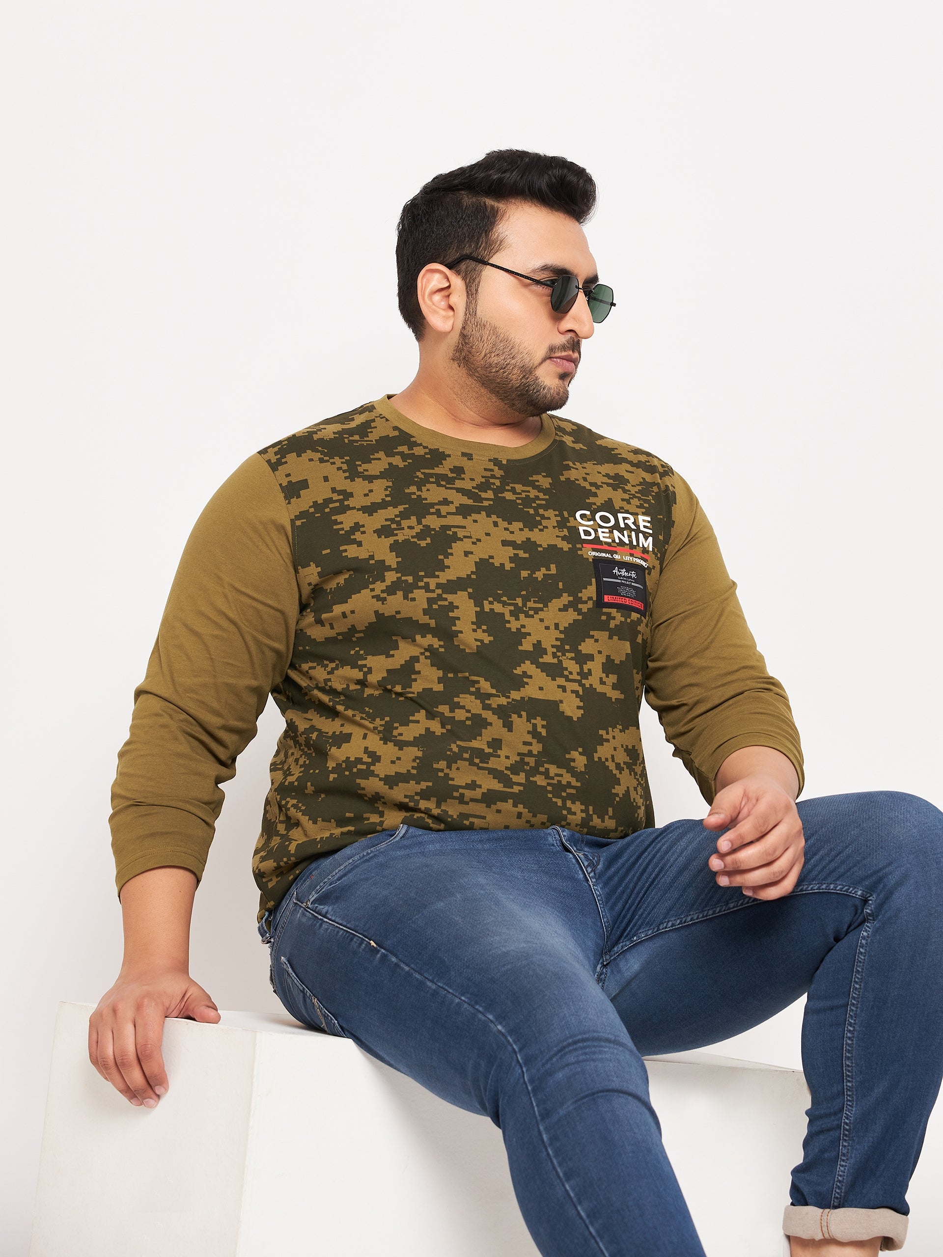 Olive Green Printed  Round Neck Plus Size T-Shirt