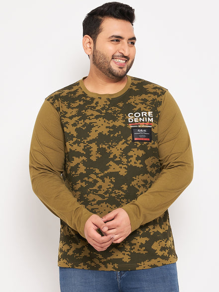 Olive Green Printed  Round Neck Plus Size T-Shirt