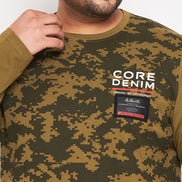 Olive Green Printed  Round Neck Plus Size T-Shirt