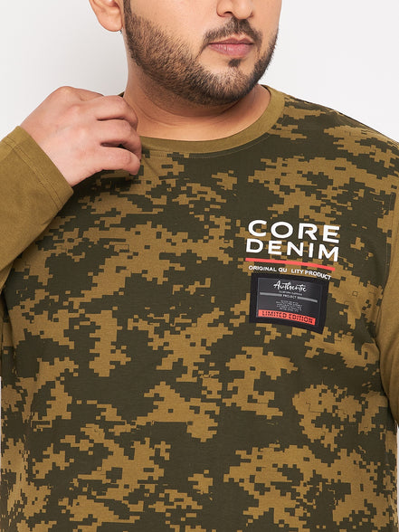 Olive Green Printed  Round Neck Plus Size T-Shirt