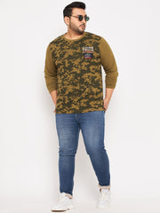 Olive Green Printed  Round Neck Plus Size T-Shirt