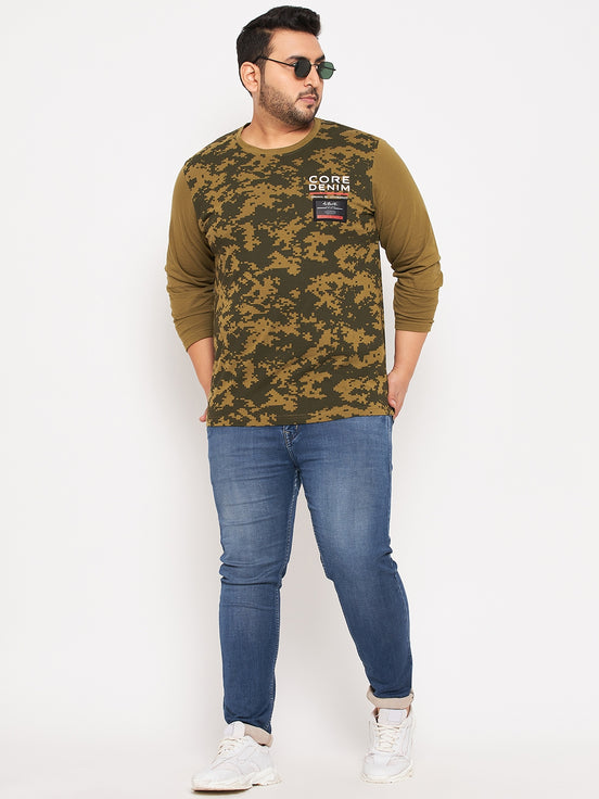 Olive Green Printed  Round Neck Plus Size T-Shirt