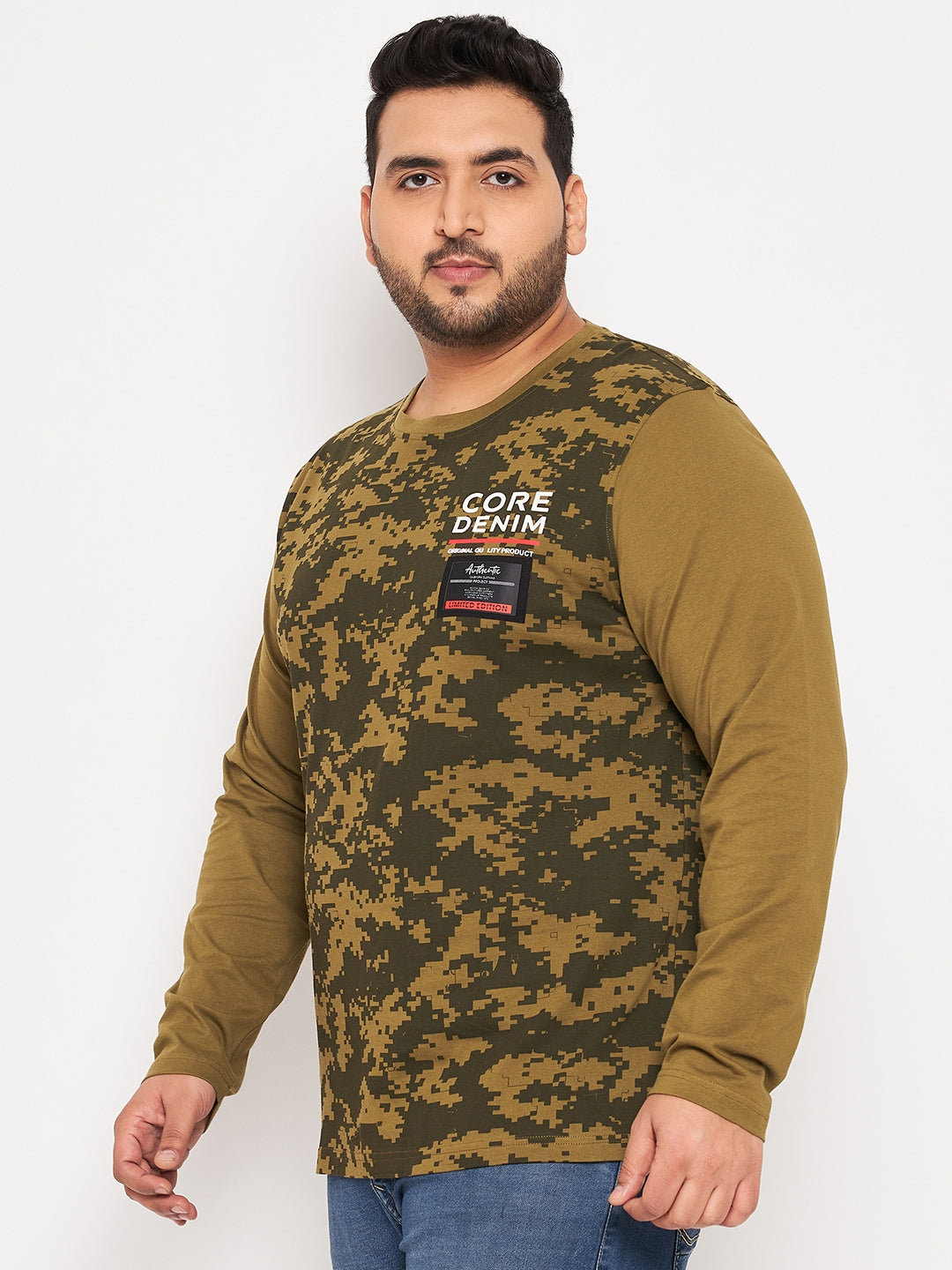 Olive Green Printed  Round Neck Plus Size T-Shirt