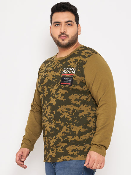 Olive Green Printed  Round Neck Plus Size T-Shirt
