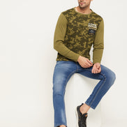 Olive Green Printed  Round Neck T-Shirt